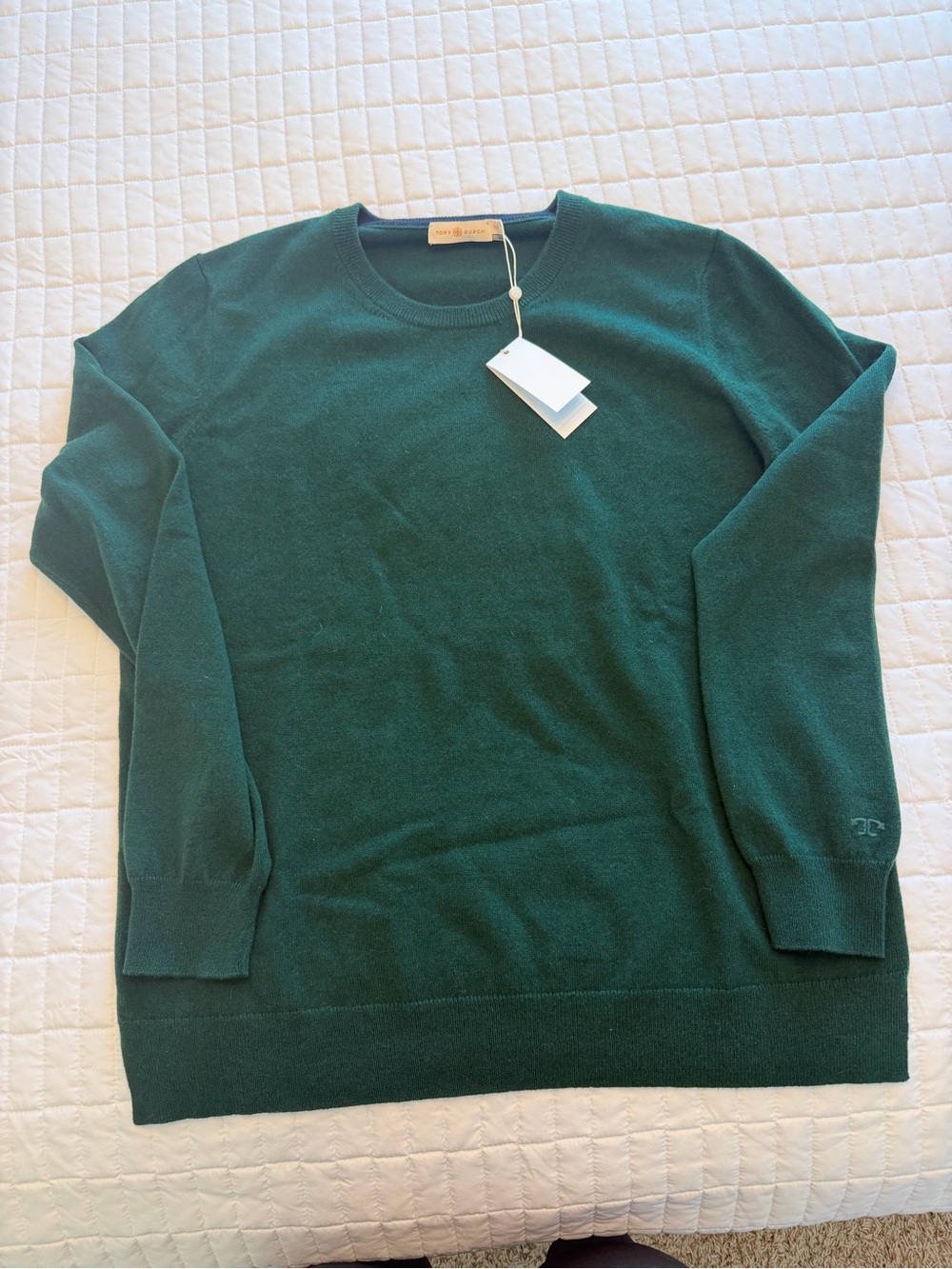 Tory Burch 100% Cashmere Forest Green Crewneck Sweater
